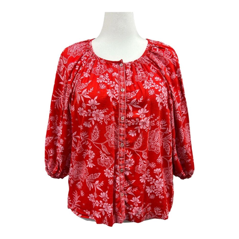 Lauren Conrad Floral Button Up Raglan Puff Sleeve Blouse Sz XL Red